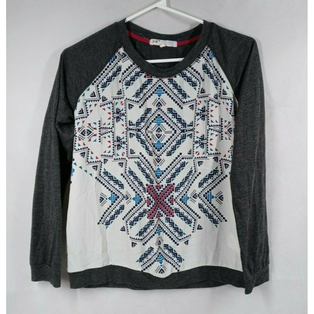 Jolt Women's White Blouse With Gray Sleeves & African Design Size Small